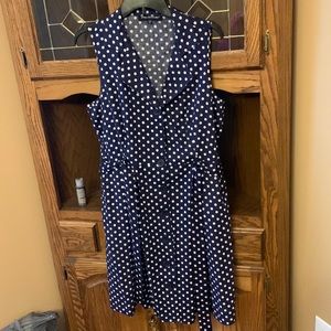 Mlle Gabrielle Navy/White Polka Dot Tie Waist Two Pocket Dress. Women’s 1X